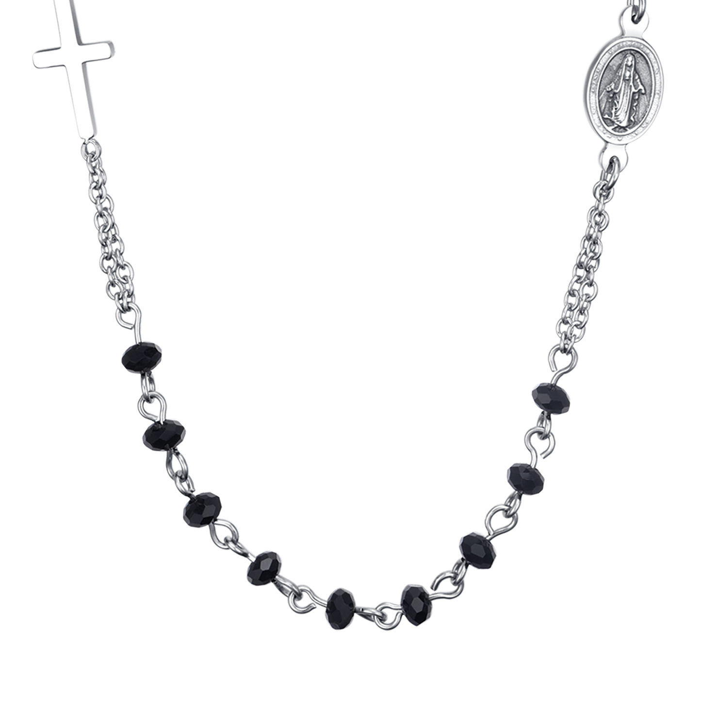 MEN'S STEEL ROSARY NECKLACE WITH BLACK CRYSTALS