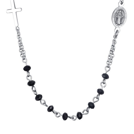 MEN'S STEEL ROSARY NECKLACE WITH BLACK CRYSTALS