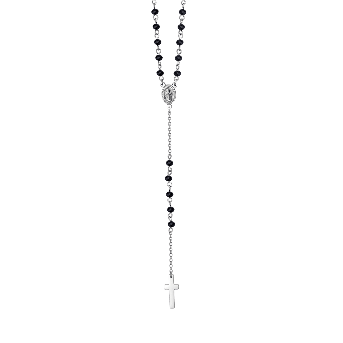 MEN'S STEEL ROSARY NECKLACE WITH BLACK CRYSTALS AND PENDANT