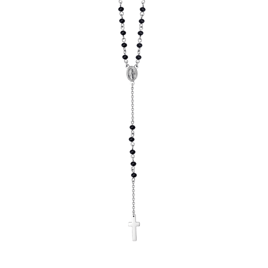 MEN'S STEEL ROSARY NECKLACE WITH BLACK CRYSTALS AND PENDANT