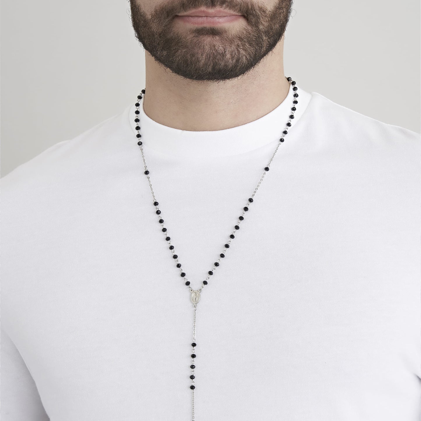 MEN'S STEEL ROSARY NECKLACE WITH BLACK CRYSTALS AND PENDANT