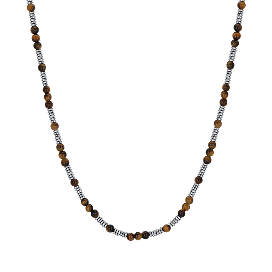 STEEL MEN'S NECKLACE WITH TIGER EYE STONES AND STEEL ELEMENTS