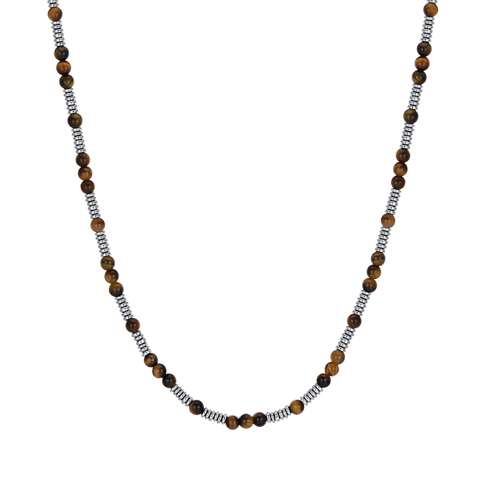 STEEL MEN'S NECKLACE WITH TIGER EYE STONES AND STEEL ELEMENTS