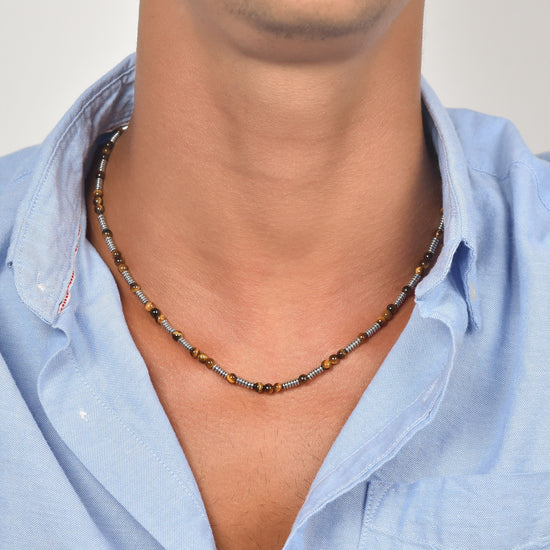 MAN'S STEEL NECKLACE WITH TIGER'S EYE STONES AND STEEL ELEMENTS Luca Barra