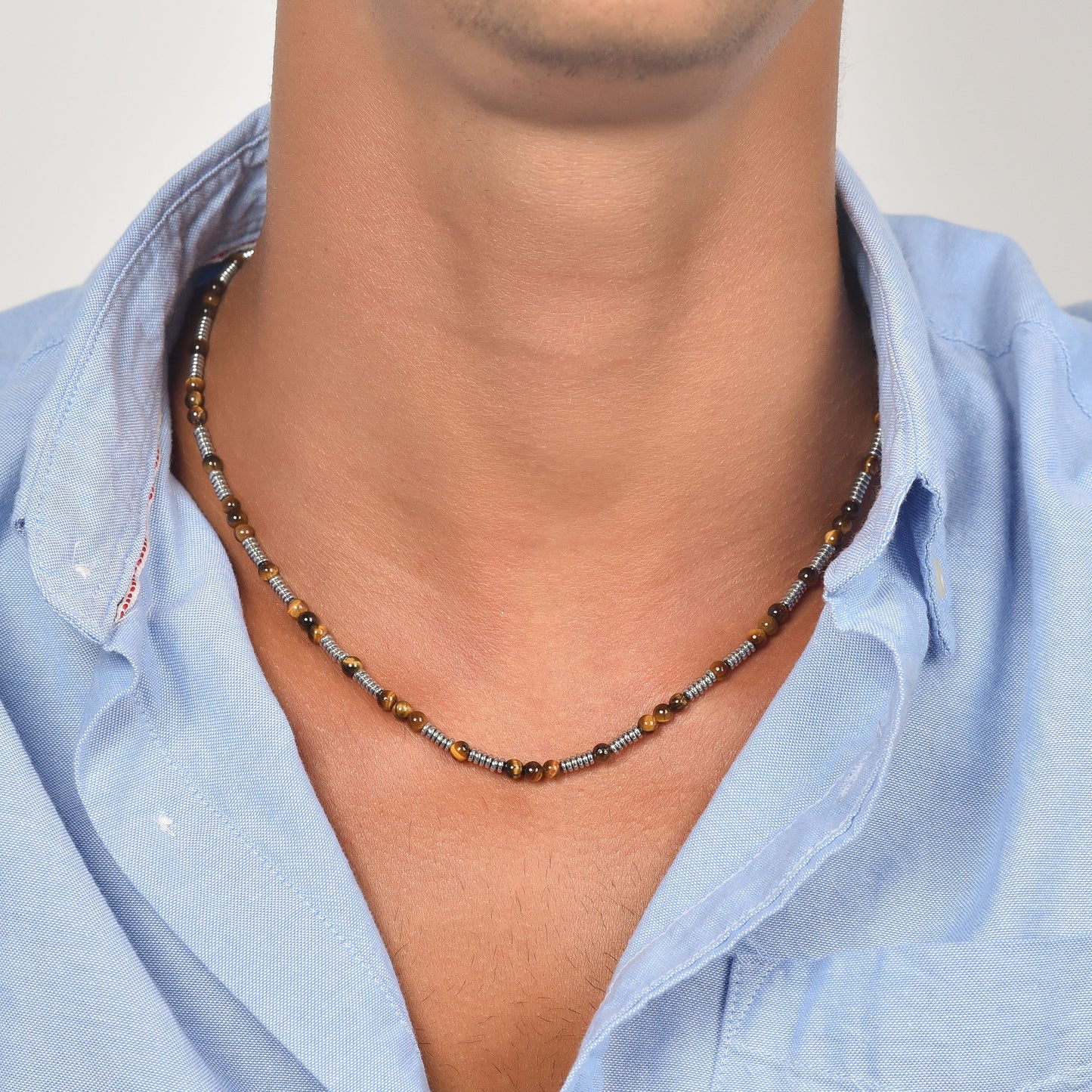 STEEL MEN'S NECKLACE WITH TIGER EYE STONES AND STEEL ELEMENTS