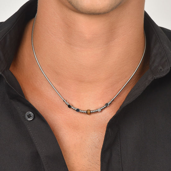 STEEL MEN'S NECKLACE WITH TIGER EYE STONES