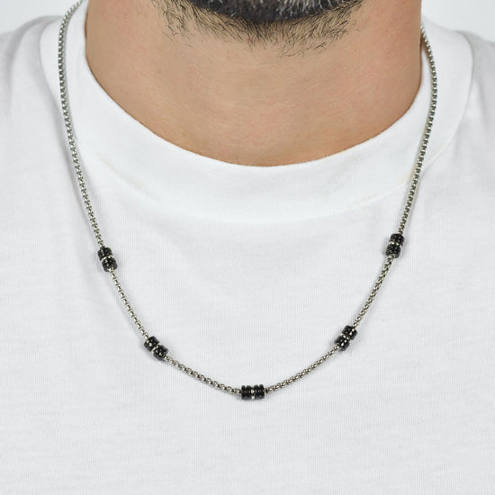 STEEL MEN'S NECKLACE WITH BLACK AND SILVER IP ELEMENTS