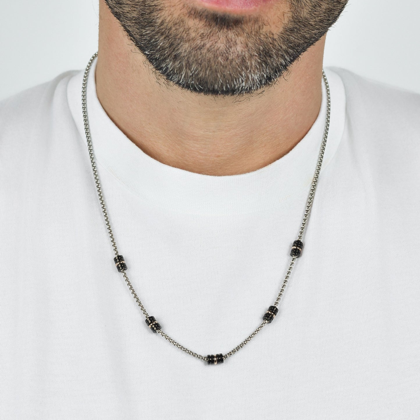 STEEL MEN'S NECKLACE WITH BLACK IP AND IP ROSE ELEMENTS