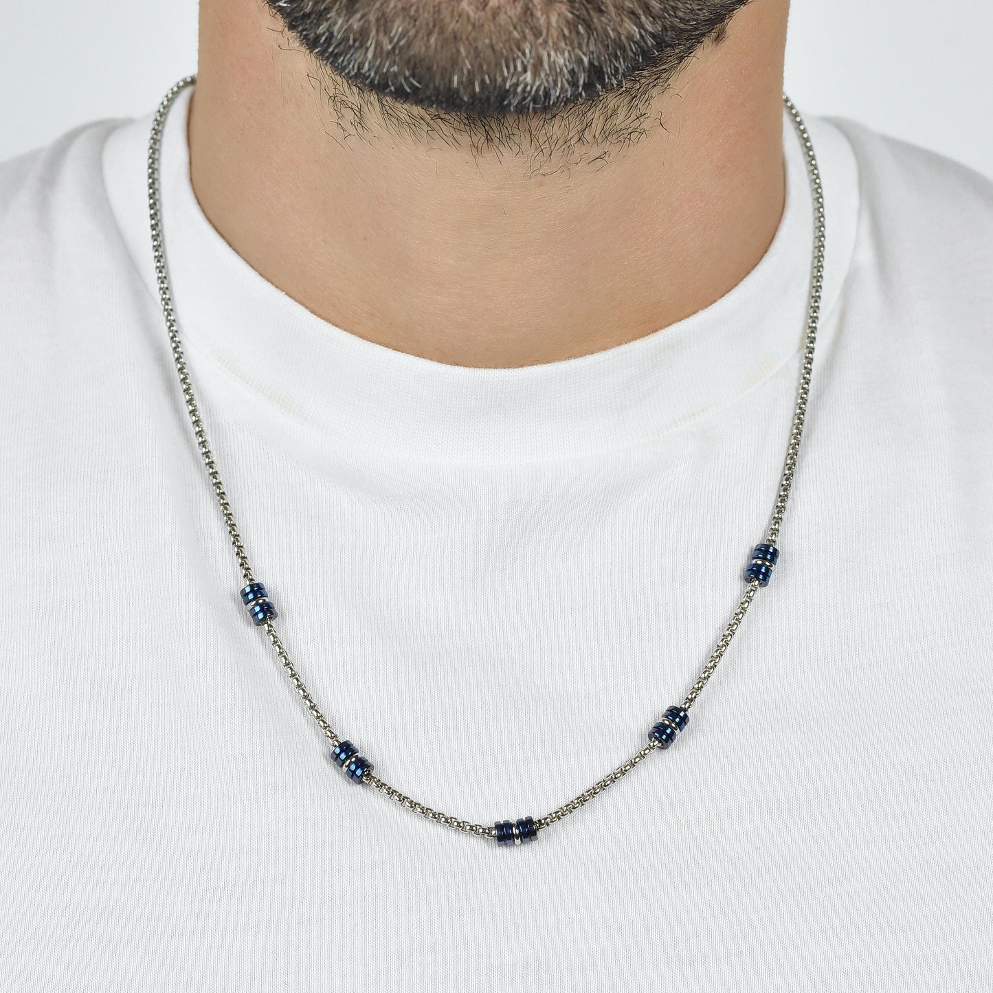 STEEL MEN'S NECKLACE WITH BLUE AND SILVER IP ELEMENTS