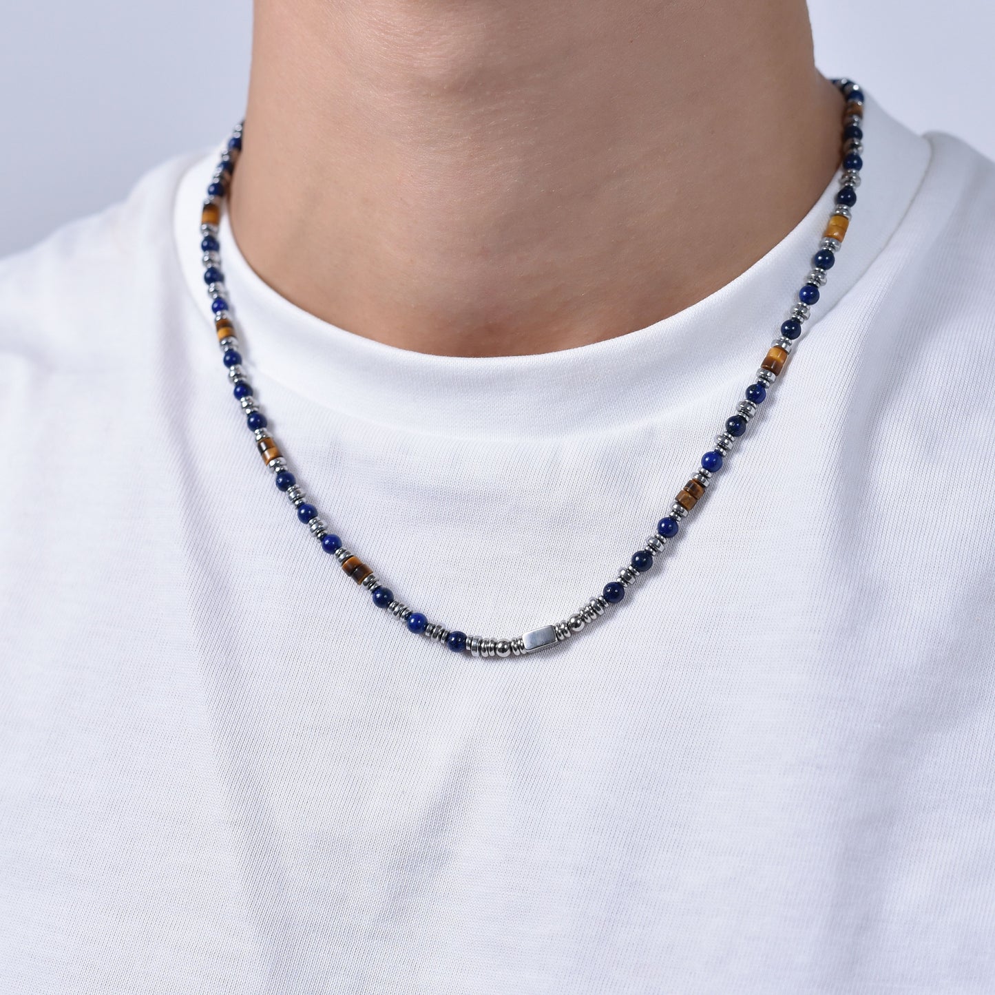 STEEL MEN'S NECKLACE WITH LAPIS STONE