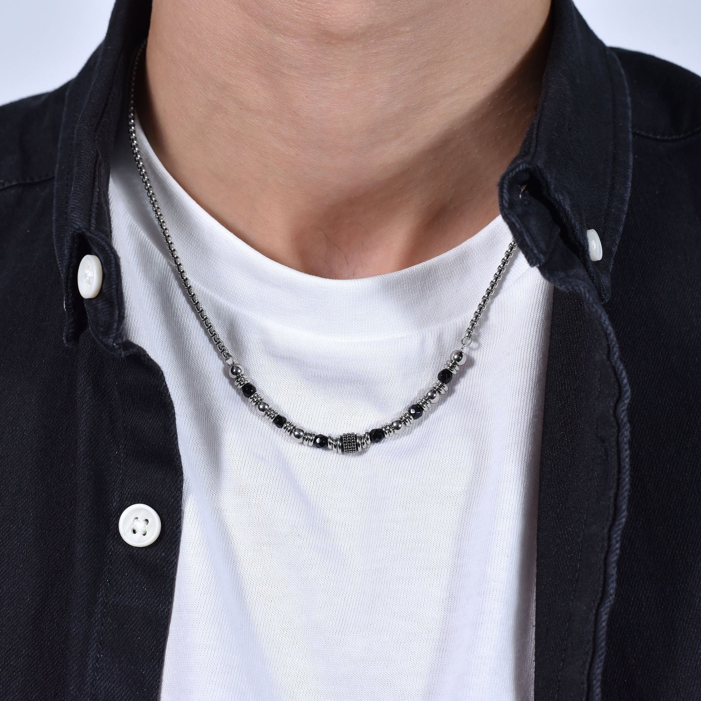 BLACK AGATE STEEL MEN'S NECKLACE AND ELEMENTS