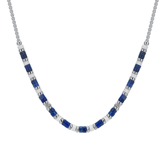 LAPIS AND WHITE STONES STEEL MEN'S NECKLACE