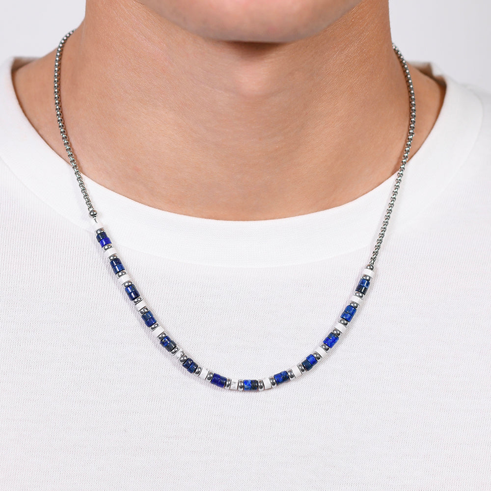 LAPIS AND WHITE STONES STEEL MEN'S NECKLACE Luca Barra