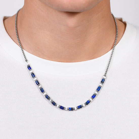 LAPIS AND WHITE STONES STEEL MEN'S NECKLACE Luca Barra