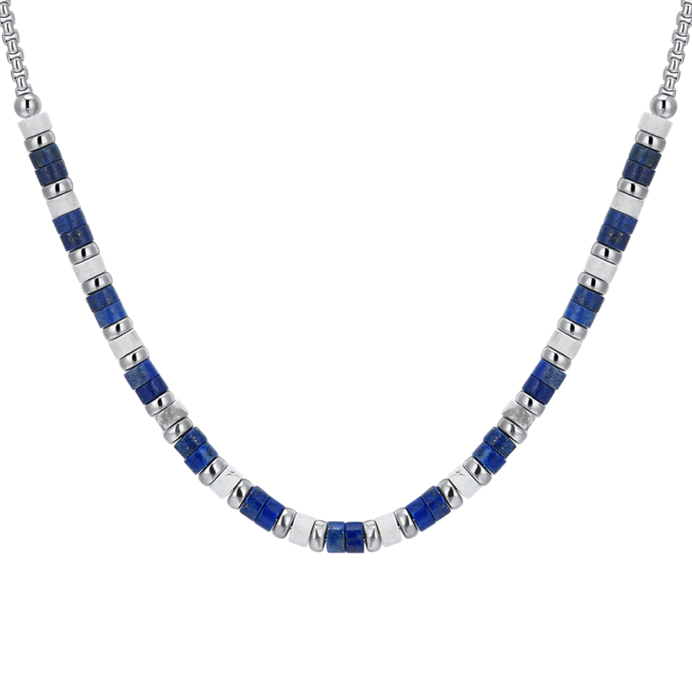 LAPIS AND WHITE STONES STEEL MEN'S NECKLACE