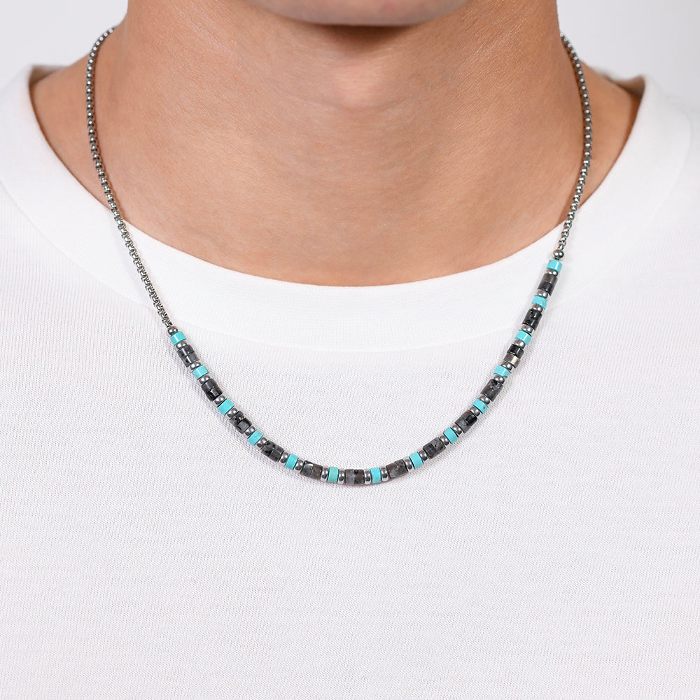 men's necklace in steel gray and turquoise stones Luca Barra