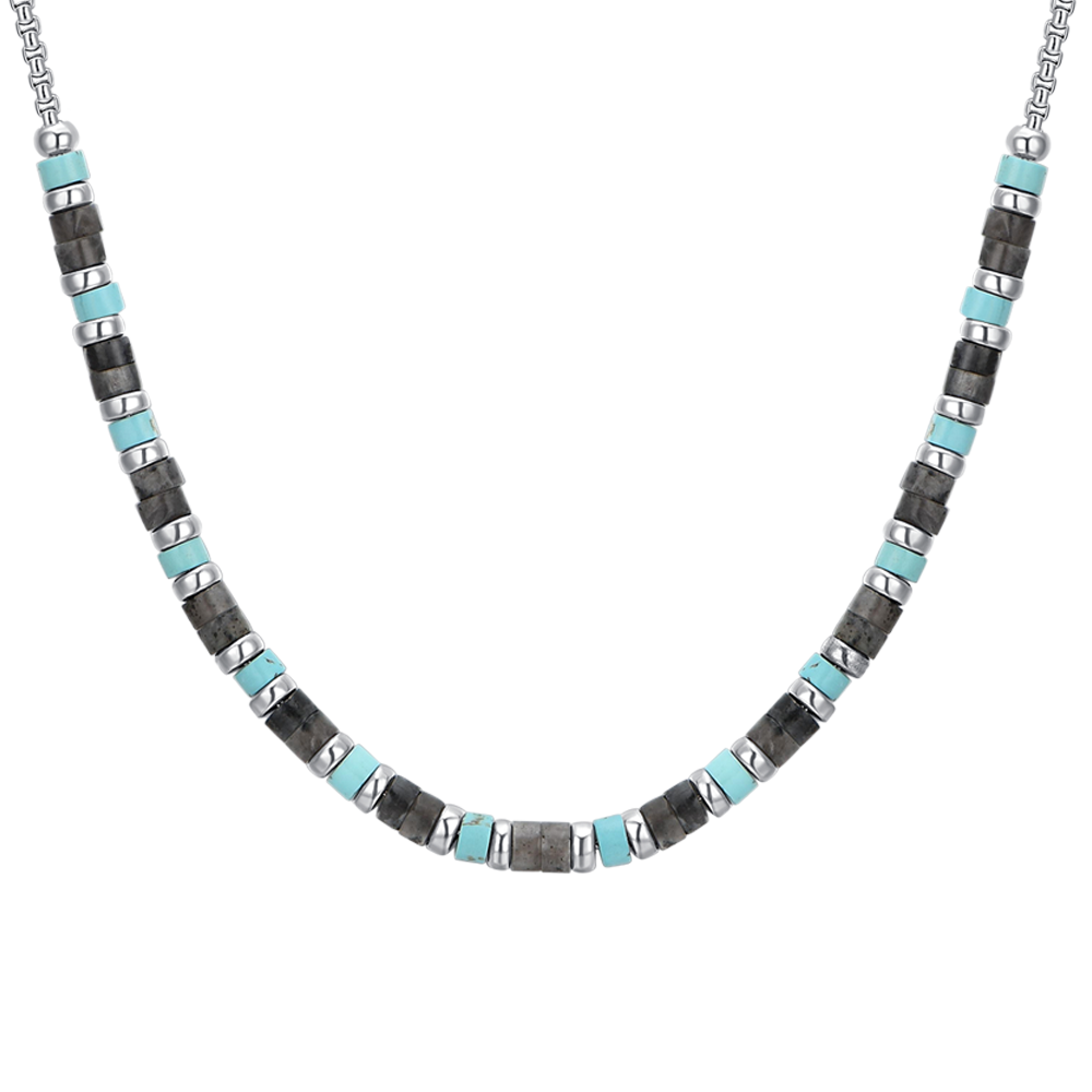 MEN'S STEEL NECKLACE GRAY AND TURQUOISE STONES