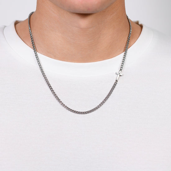 STEEL CROSS AND BLACK CUBIC ZIRCON NECKLACE FOR MEN