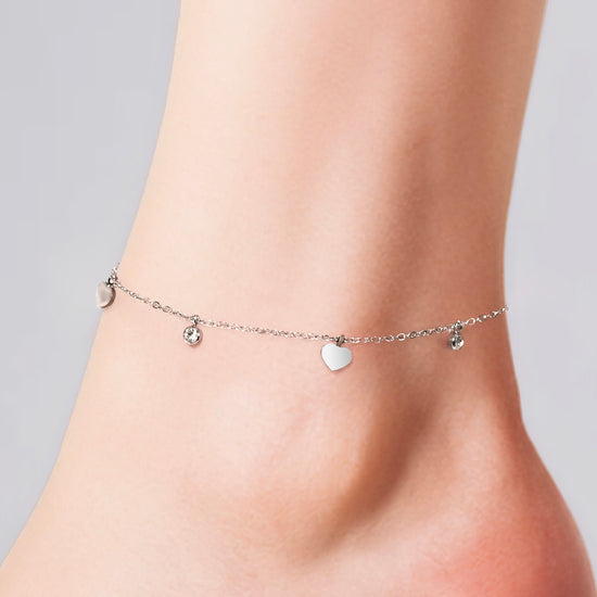 WOMEN'S ANKLET IN STEEL ZIRCON AND HEARTS