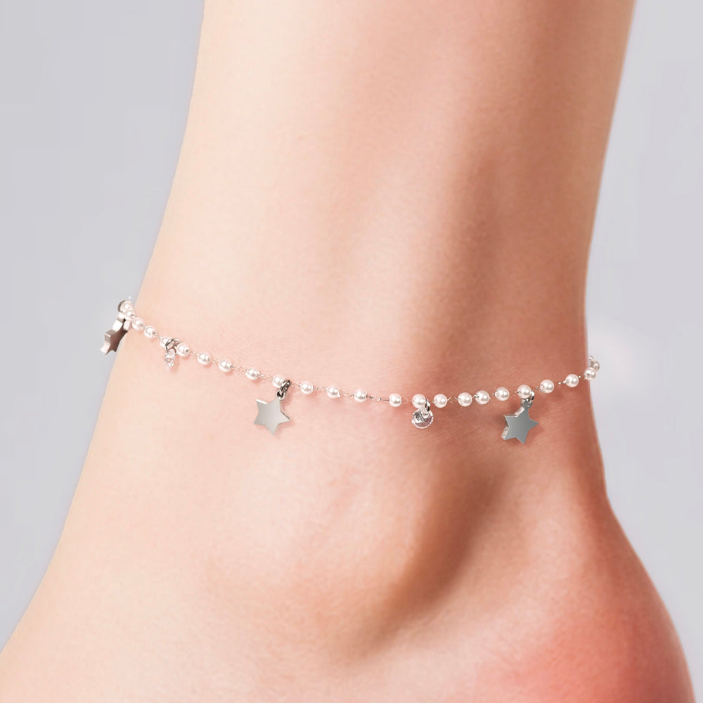 WOMEN'S STEEL ANKLET PEARLS AND STARS