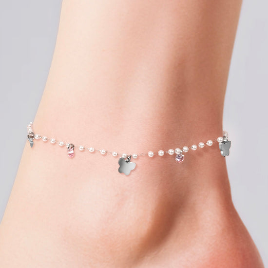 WOMAN'S ANKLE STUDS IN STEEL PEARLS AND BUTTERFLES Luca Barra