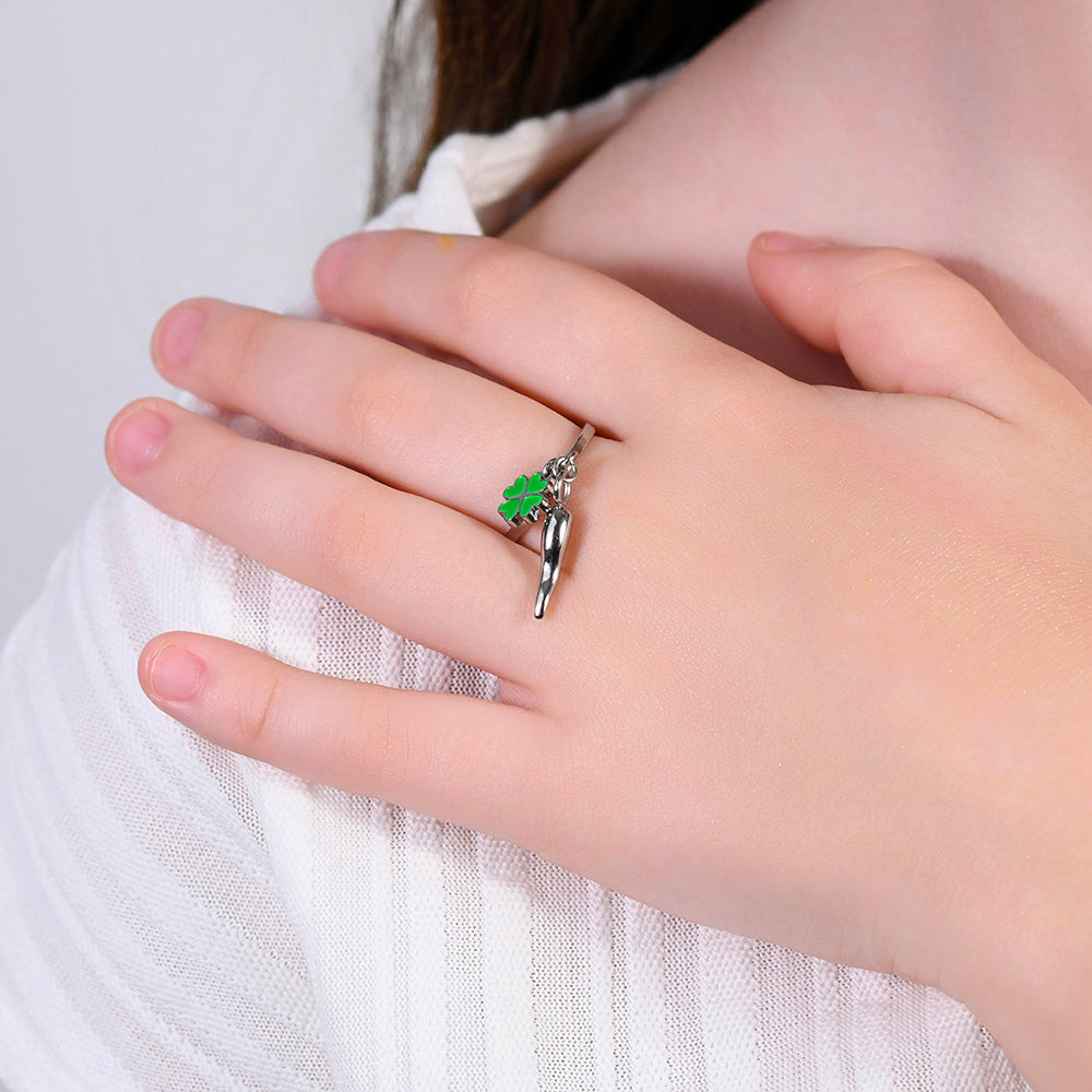 STEEL GIRL RING WITH RED HORN AND HEART