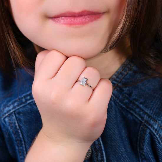 STEEL GIRL RING WITH TEDDY BEAR WITH WHITE CRYSTALS