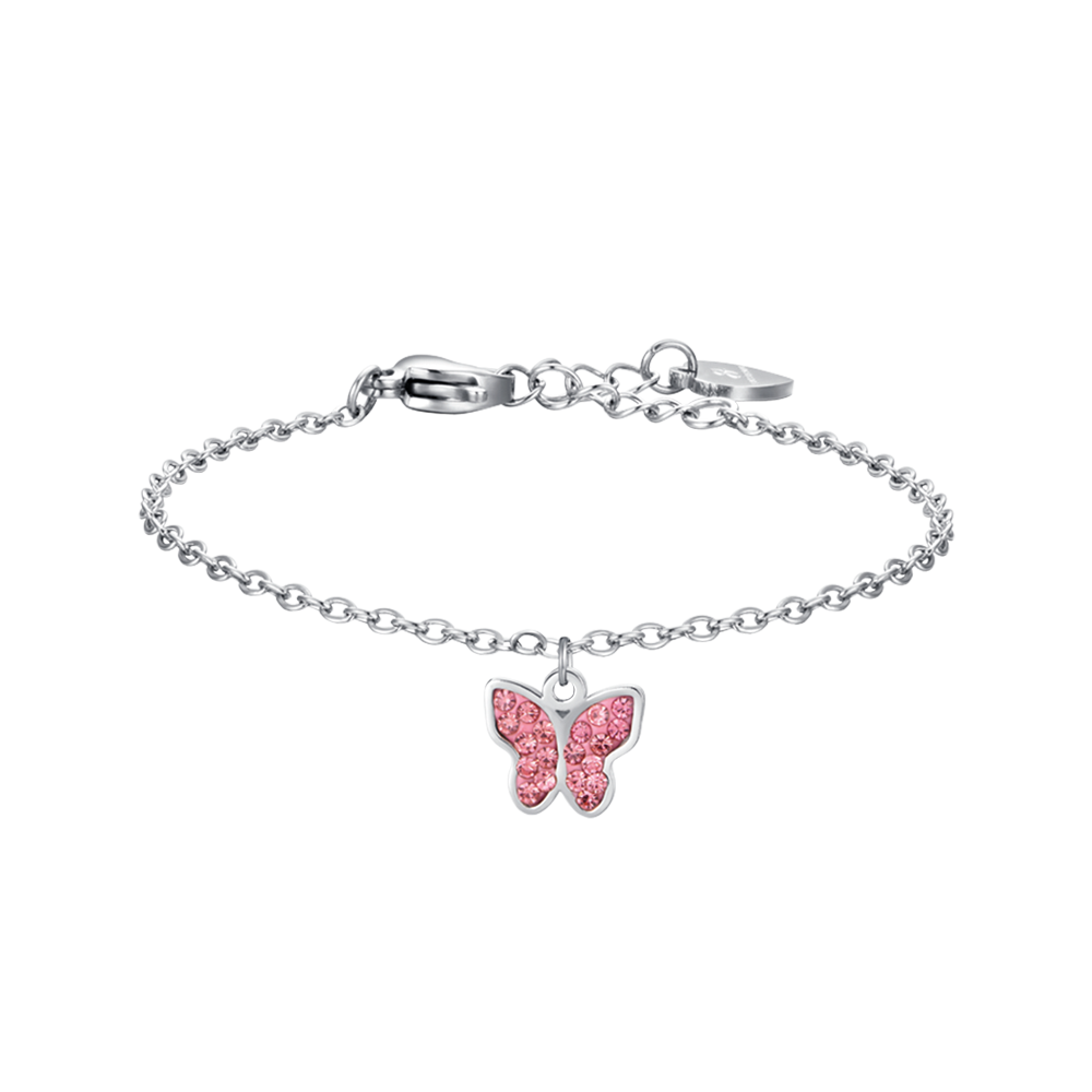 STEEL GIRL BRACELET WITH BUTTERFLY AND PINK CRYSTALS