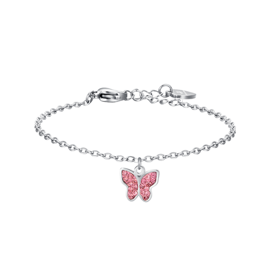 STEEL GIRL BRACELET WITH BUTTERFLY AND PINK CRYSTALS