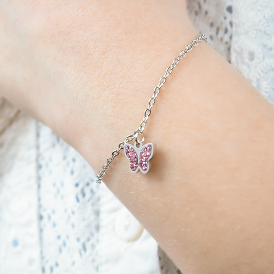 STEEL GIRL BRACELET WITH BUTTERFLY AND PINK CRYSTALS