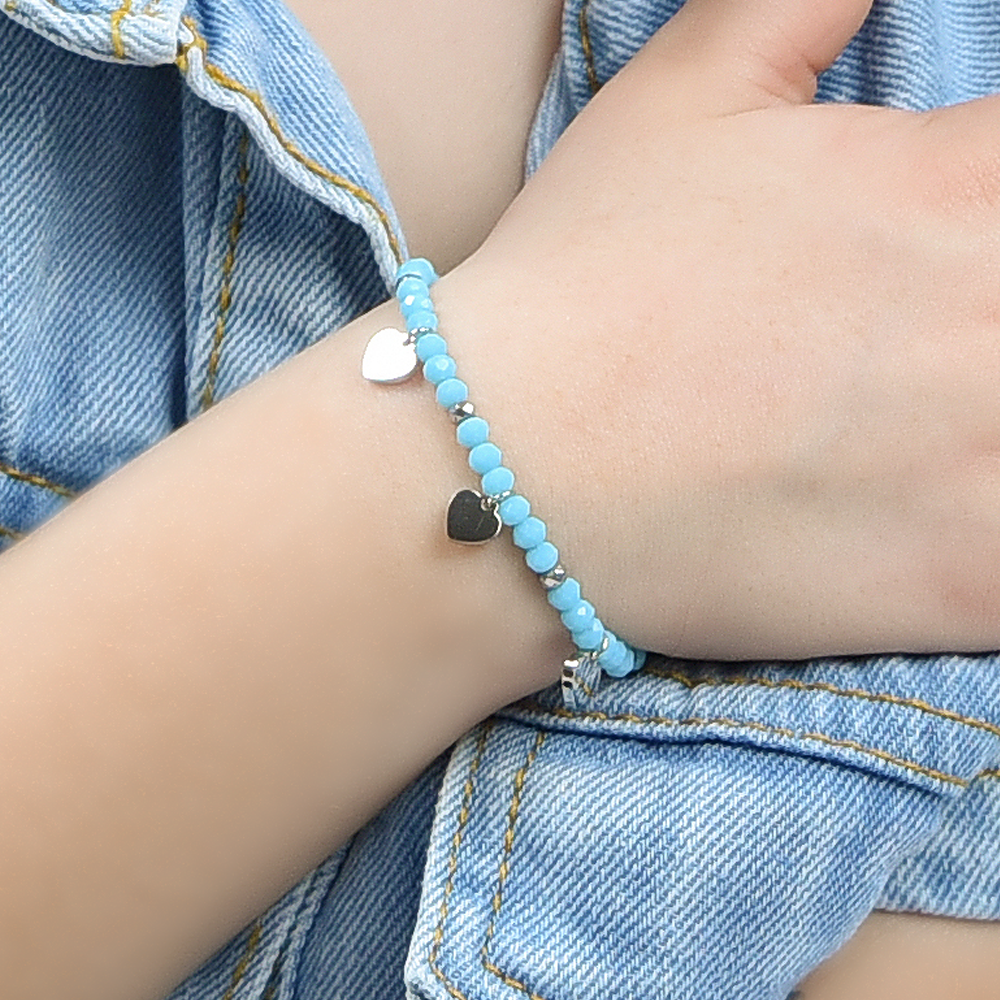 STEEL GIRL BRACELET WITH TURQUOISE STONES AND HEARTS