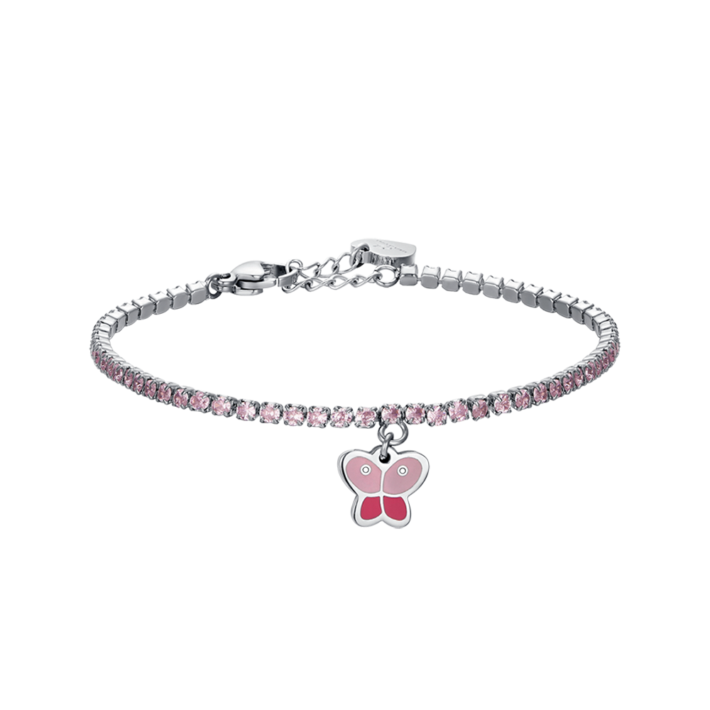 GIRL STEEL TENNIS BRACELET WITH PINK CRYSTALS AND BUTTERFLY