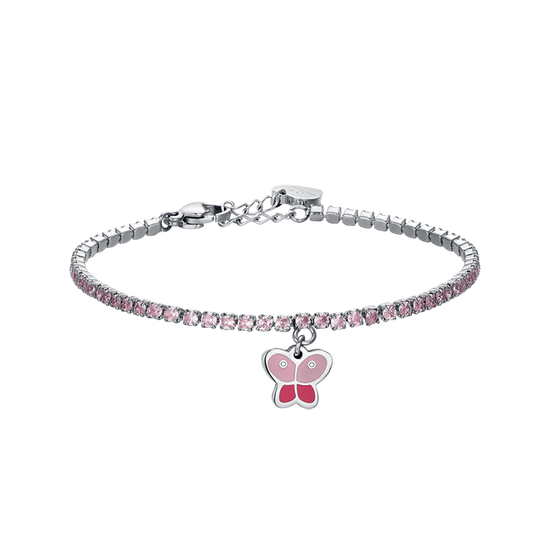 GIRL STEEL TENNIS BRACELET WITH PINK CRYSTALS AND BUTTERFLY