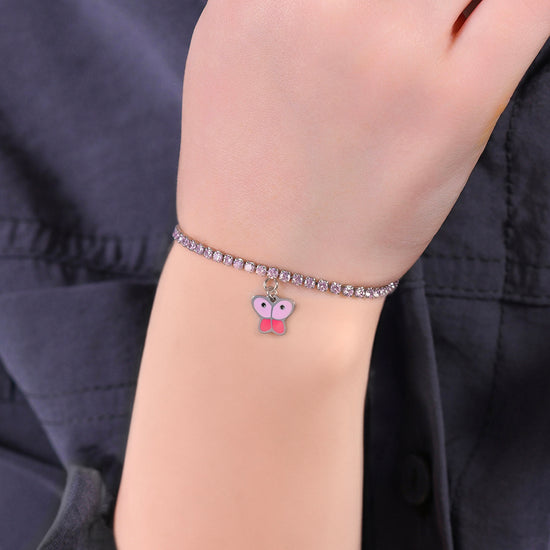 GIRL STEEL TENNIS BRACELET WITH PINK CRYSTALS AND BUTTERFLY