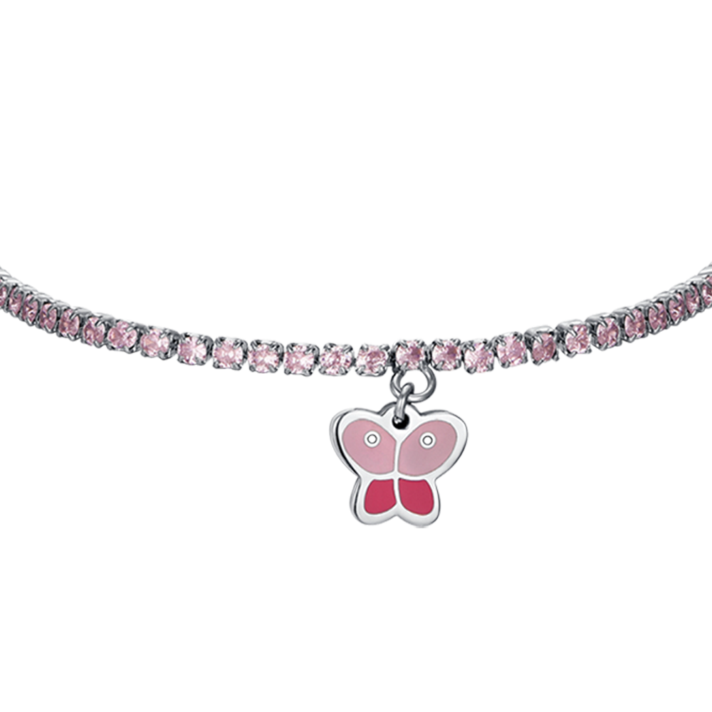 GIRL STEEL TENNIS BRACELET WITH PINK CRYSTALS AND BUTTERFLY