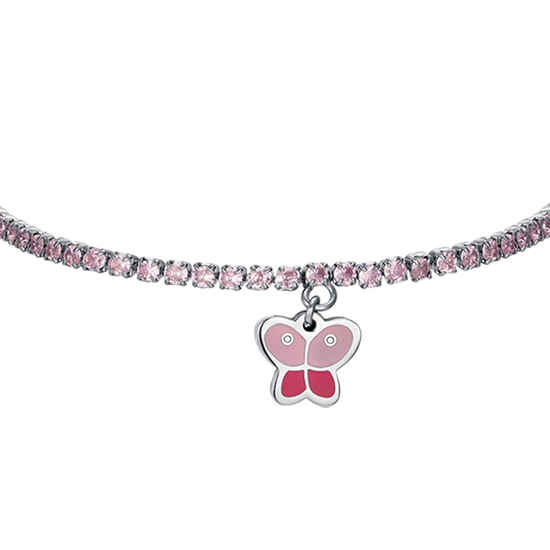 GIRL STEEL TENNIS BRACELET WITH PINK CRYSTALS AND BUTTERFLY