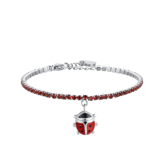 GIRL STEEL TENNIS BRACELET WITH RED CRYSTALS AND LADYBUG