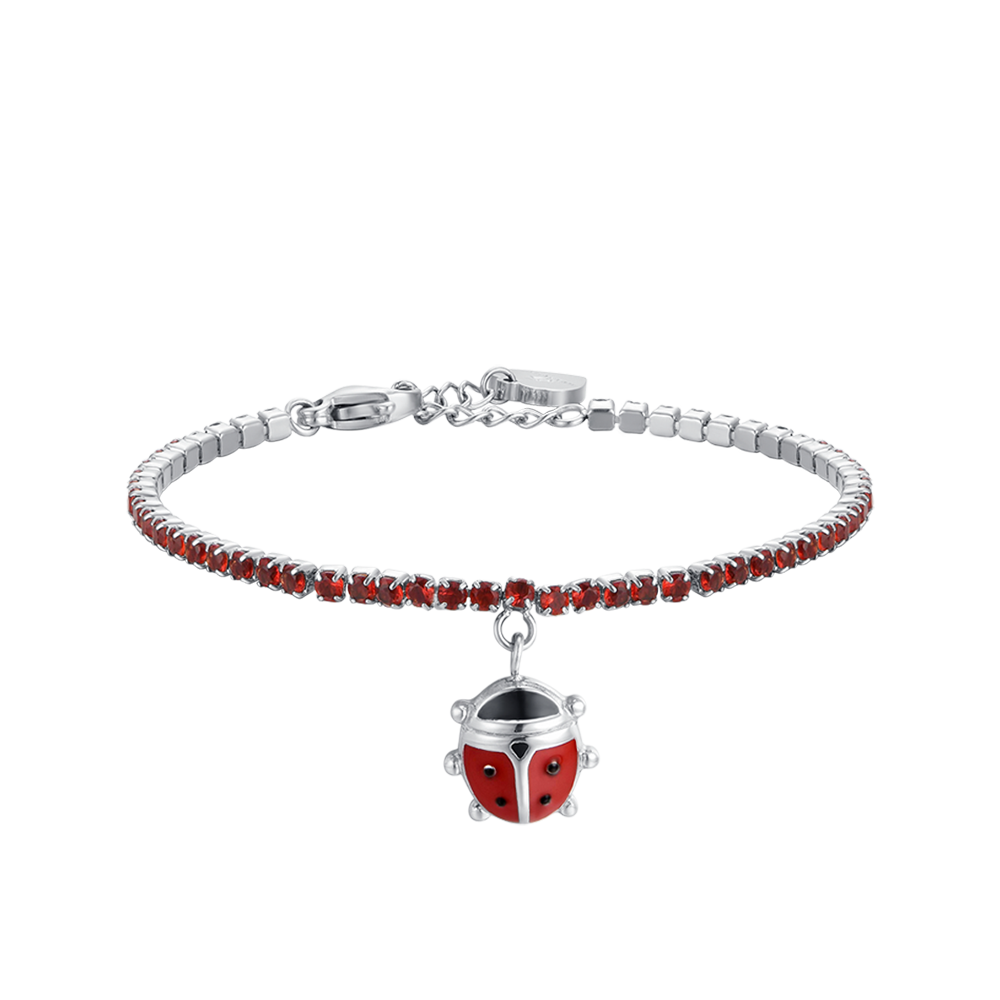 GIRL STEEL TENNIS BRACELET WITH RED CRYSTALS AND LADYBUG