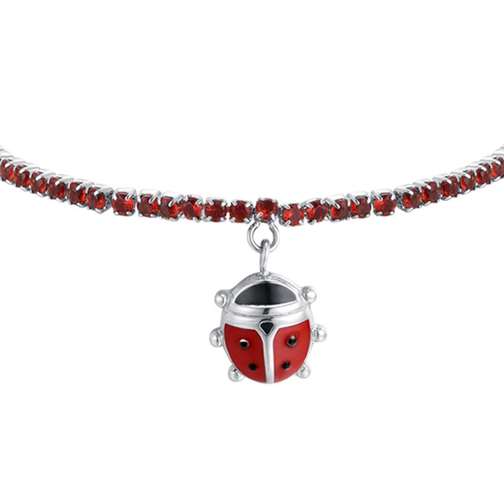 GIRL STEEL TENNIS BRACELET WITH RED CRYSTALS AND LADYBUG