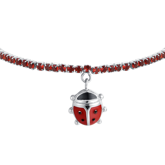 GIRL STEEL TENNIS BRACELET WITH RED CRYSTALS AND LADYBUG