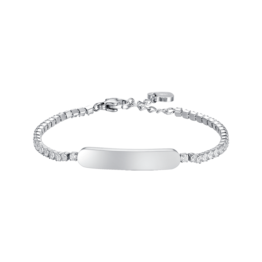 GIRL STEEL TENNIS BRACELET WITH WHITE CRYSTALS AND PLATE