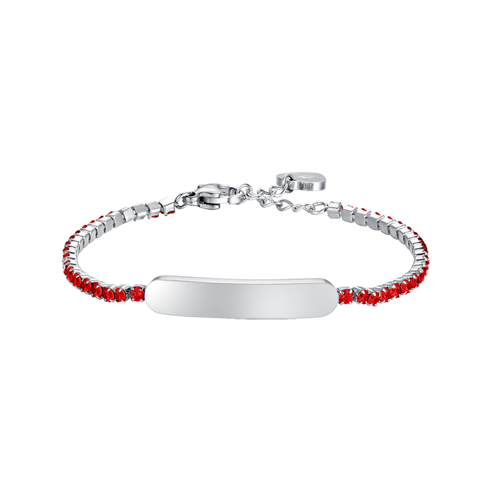 GIRL STEEL TENNIS BRACELET WITH RED CRYSTALS AND PLATE