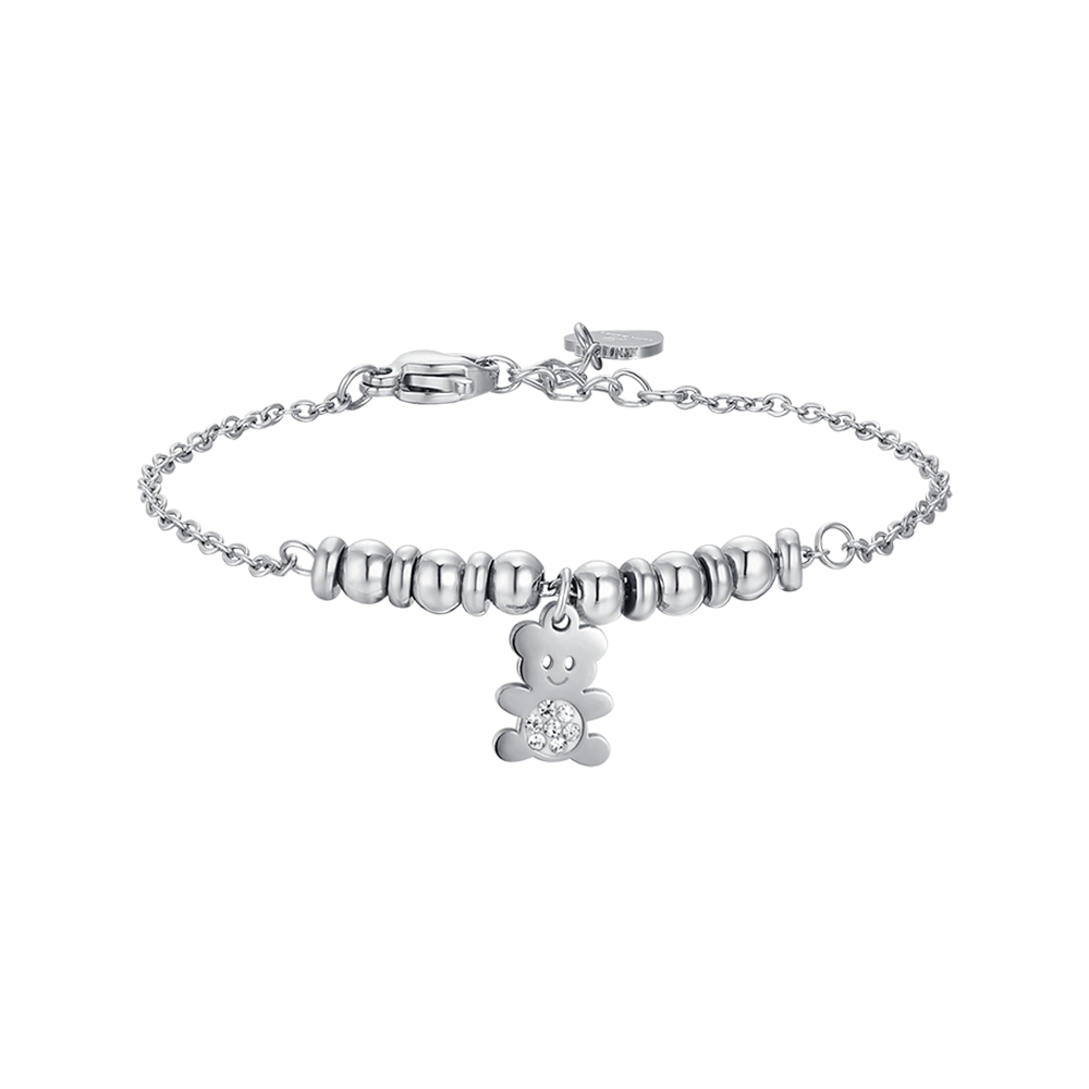 STEEL GIRL BRACELET WITH TEDDY BEAR WITH WHITE CRYSTALS