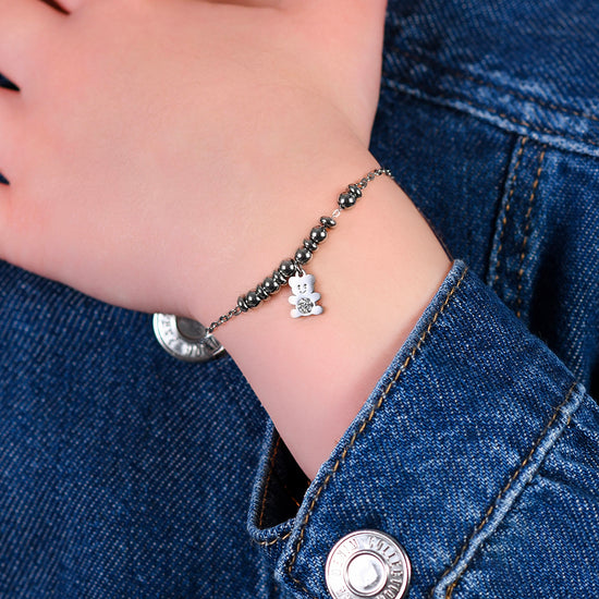 STEEL GIRL BRACELET WITH TEDDY BEAR WITH WHITE CRYSTALS