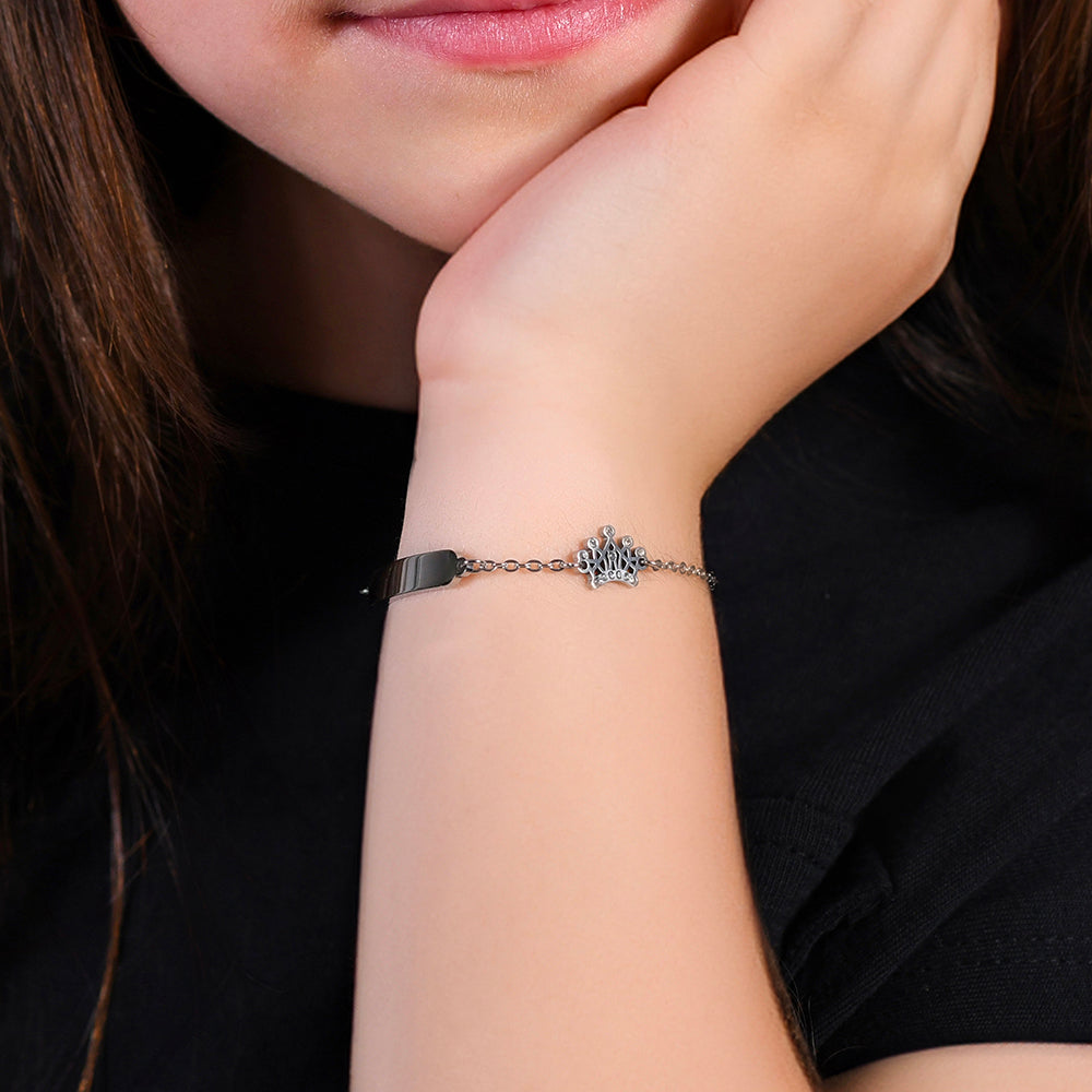 STEEL GIRL BRACELET WITH PLATE AND CROWN WITH WHITE CRYSTALS