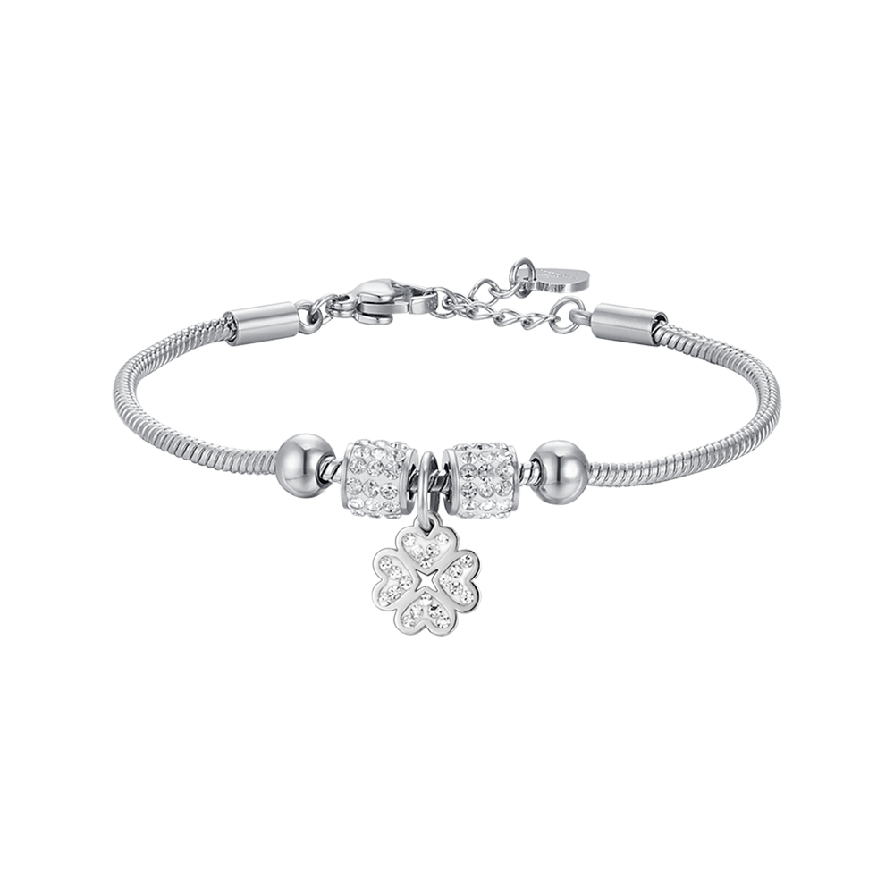 STEEL GIRL BRACELET WITH FOUR-LEAF CLOVER WITH WHITE CRYSTALS