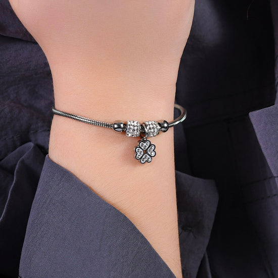 STEEL GIRL BRACELET WITH FOUR-LEAF CLOVER WITH WHITE CRYSTALS