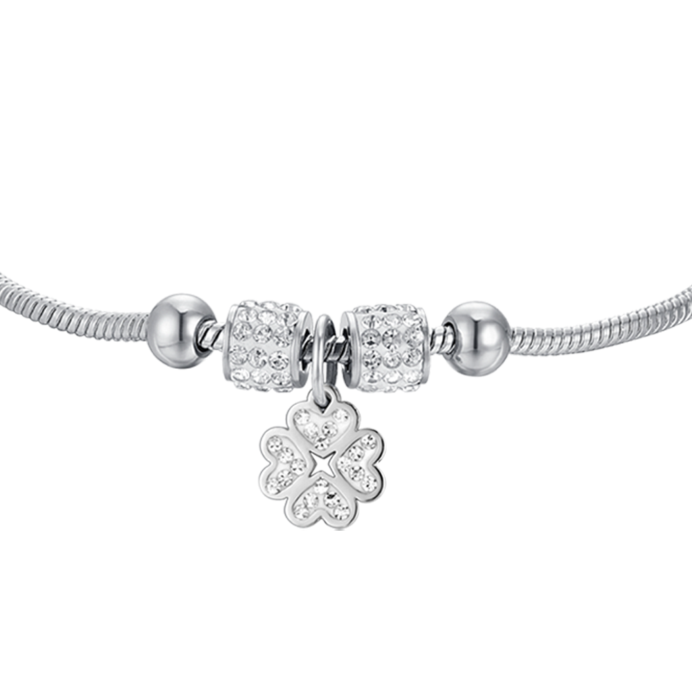 STEEL GIRL BRACELET WITH FOUR-LEAF CLOVER WITH WHITE CRYSTALS