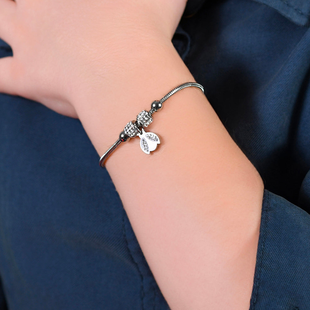 STEEL GIRL BRACELET WITH LADYBUG WITH WHITE CRYSTALS