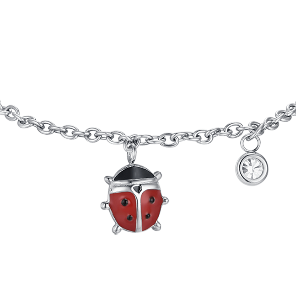 STEEL GIRL BRACELET WITH LADYBUG WITH RED AND BLACK ENAMEL AND CRYSTAL